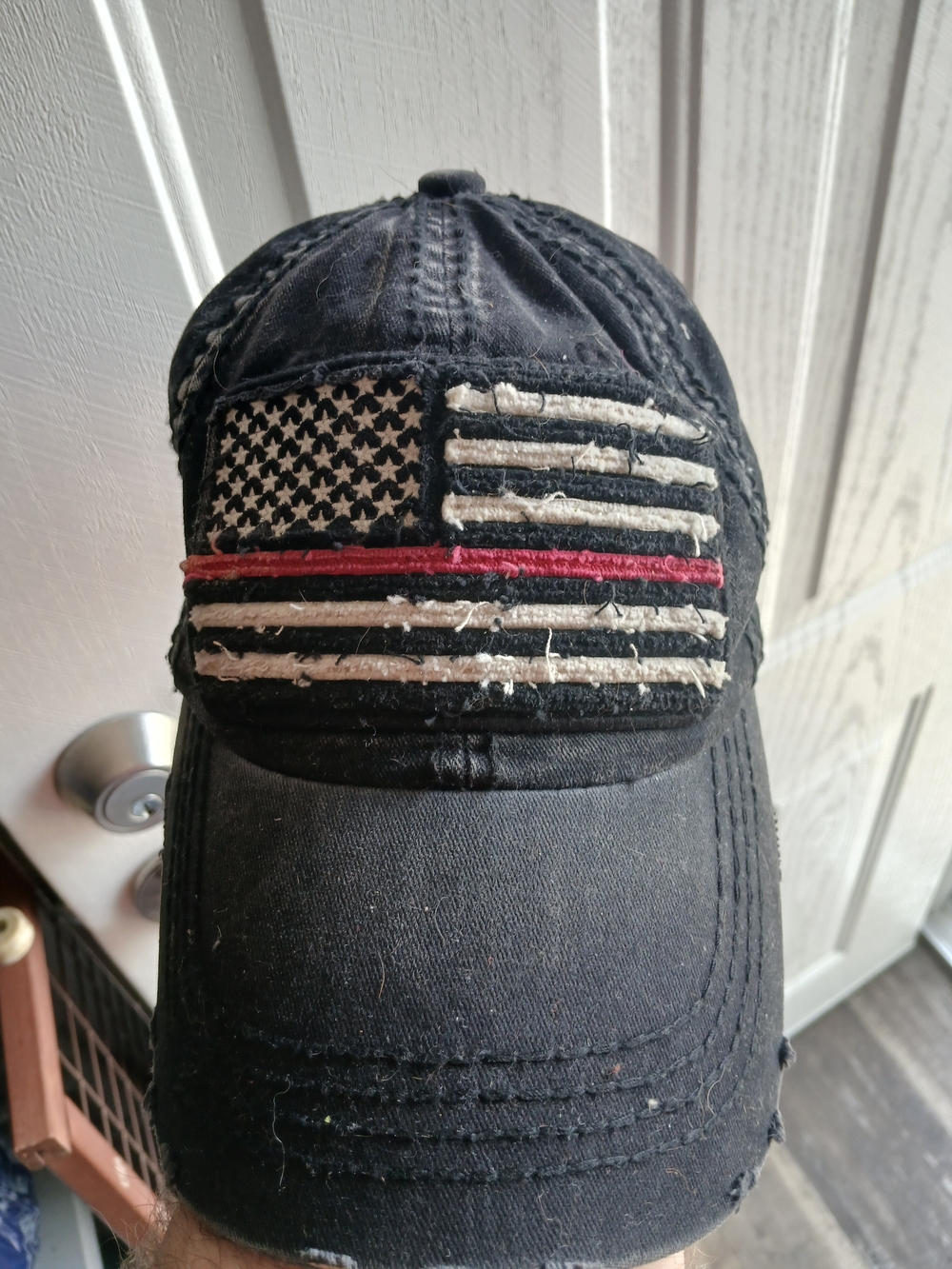 Men's Black Distressed Baseball Cap with Thin Red Line Flag
